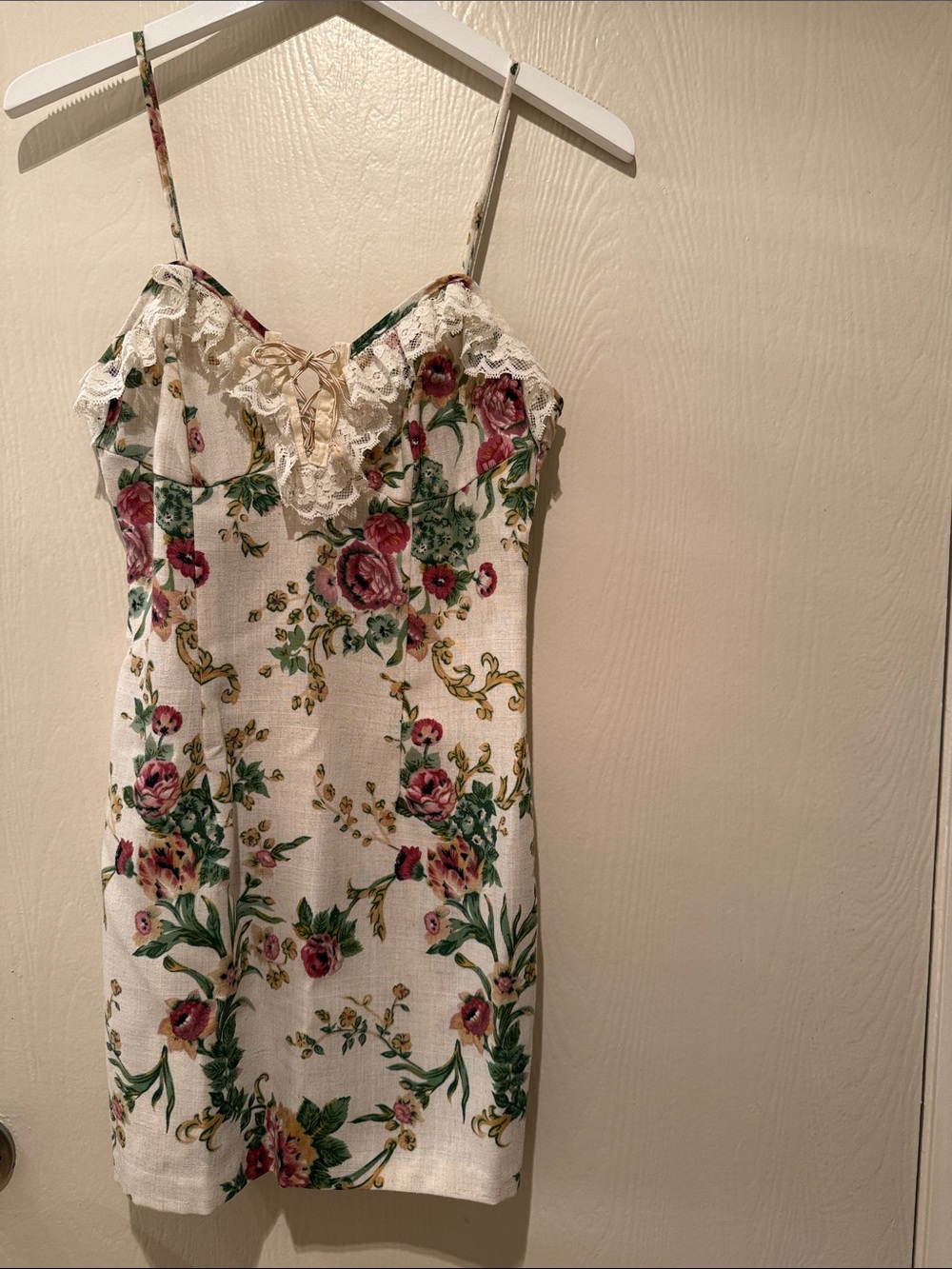 Floral Lace Trim Slip Dress - White with Pink & Green